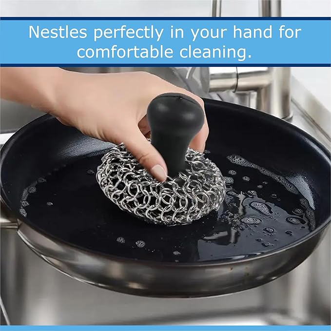 316L Stainless Steel Chainmail Scrubber – Cast Iron Skillet, Pan & Grill Cleaning Kit (Dishwasher Safe)