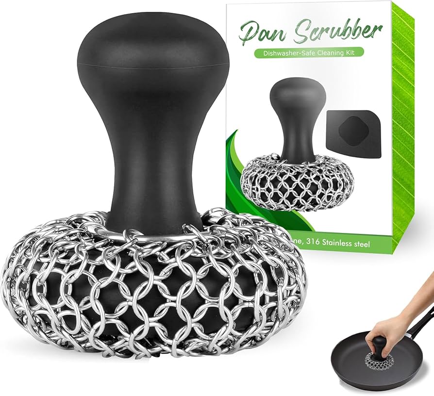 316L Stainless Steel Chainmail Scrubber – Cast Iron Skillet, Pan & Grill Cleaning Kit (Dishwasher Safe)