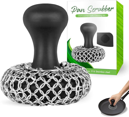 316L Stainless Steel Chainmail Scrubber – Cast Iron Skillet, Pan & Grill Cleaning Kit (Dishwasher Safe)