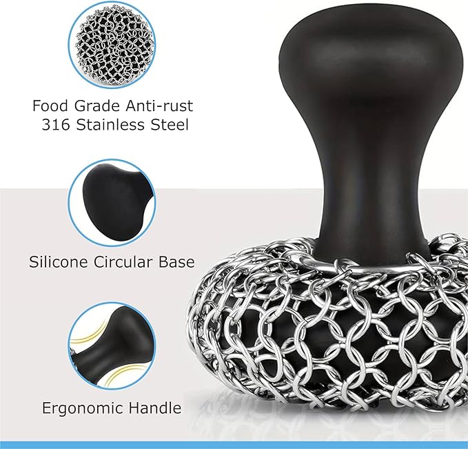 316L Stainless Steel Chainmail Scrubber – Cast Iron Skillet, Pan & Grill Cleaning Kit (Dishwasher Safe)