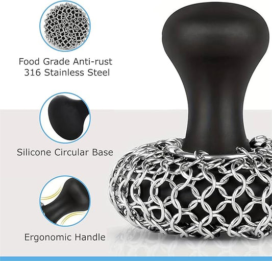 316L Stainless Steel Chainmail Scrubber – Cast Iron Skillet, Pan & Grill Cleaning Kit (Dishwasher Safe)